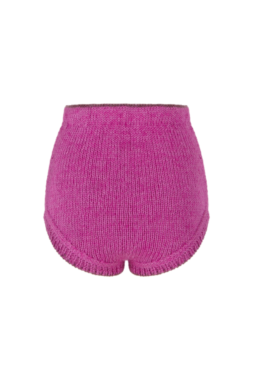 Culote lana y mohair tejido a mano en color buganvilla y borde marrón