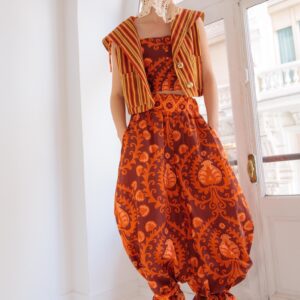 Pantalon bombacho de voile de algodon italiano, con estampado floral naranja y cinturilla elastica